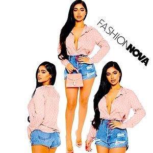 FASHION NOVA You Better Work DustyRose/White Polka Dot Shirt SzXL